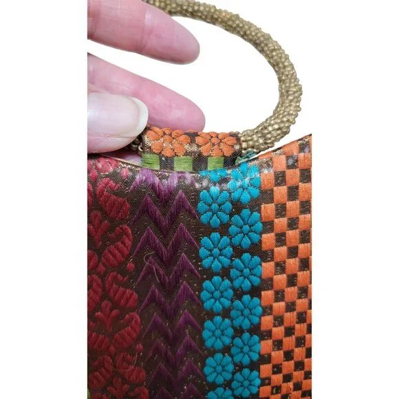 Vintage Handcrafted Multicolor Beaded Handle Clutch Purse With Floral & Geometri - Picture 5 of 7